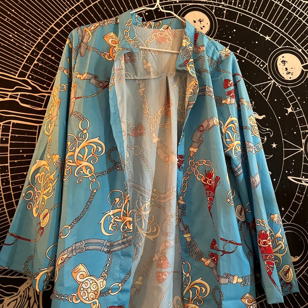 Blue Button Up w/ Red and Gold Decals / Size: L